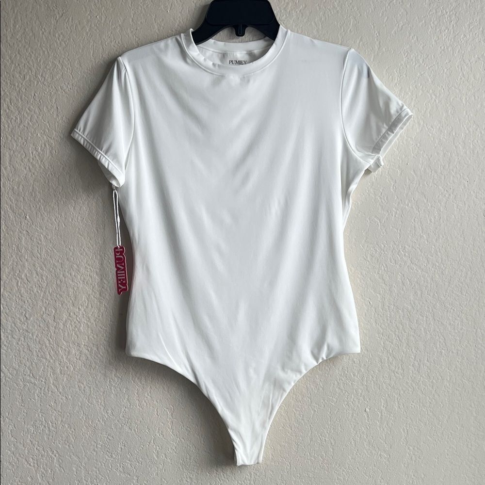NWT PUMIEY Women's Square Neck short Sleeve Bodysuit Sexy in White in Size L